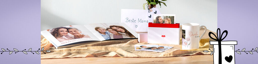 Abbildung von verschiedenen Produkten (Fotobuch, Tasse, Style Prints) als Muttertagsgeschenke