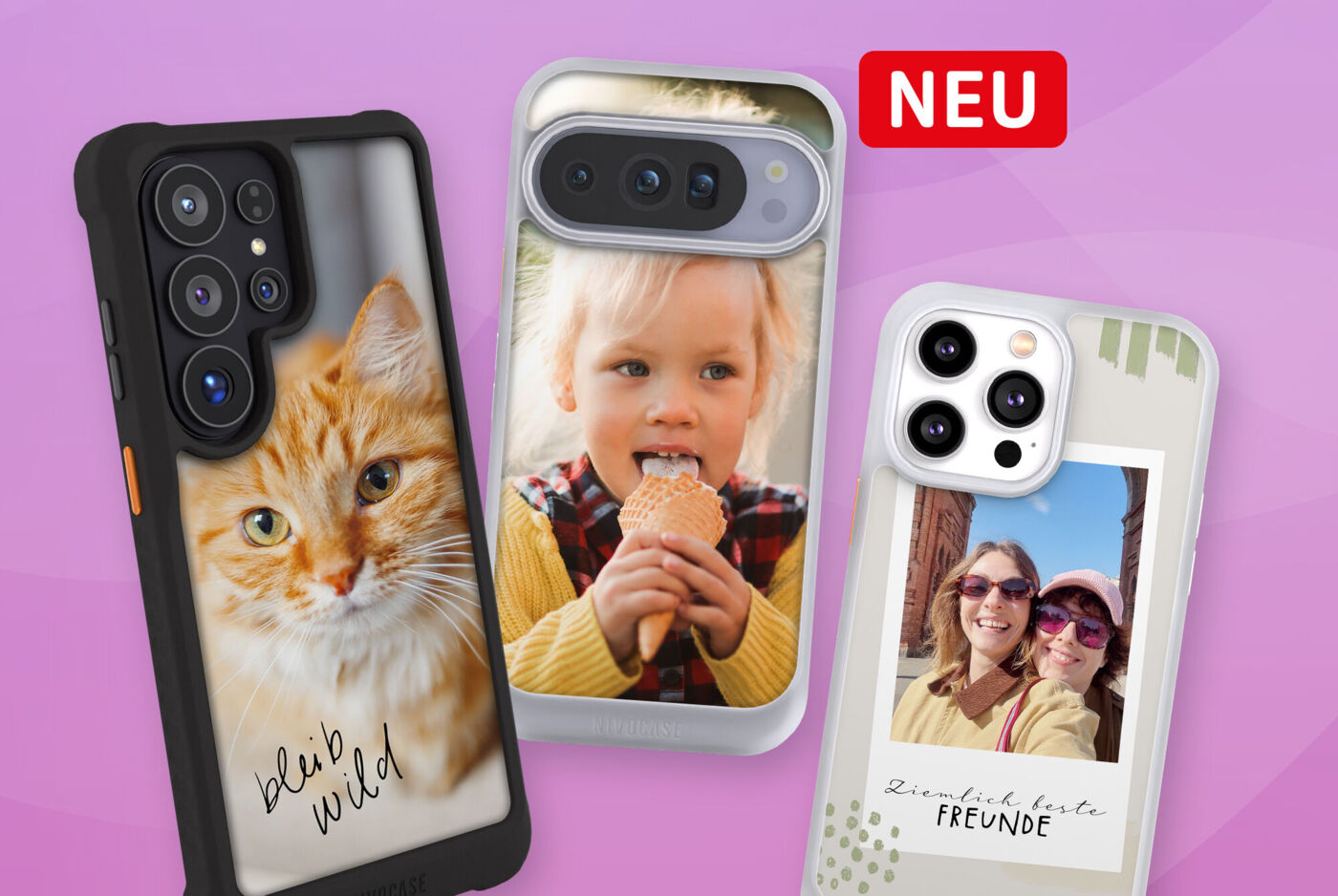 Drei Handyhüllen mit Designs und Fotos von einem Paar, einer Katze und einem Kind
