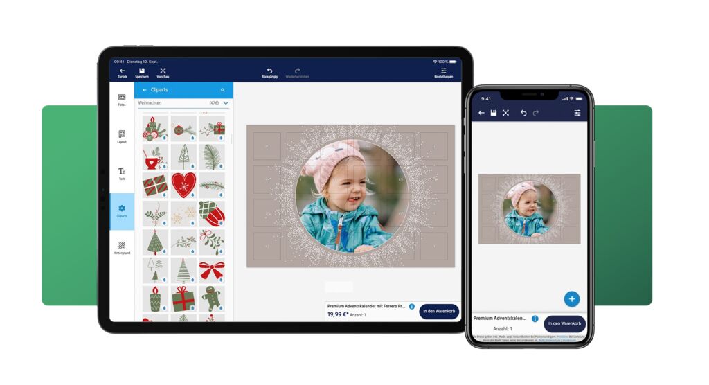 Tablet und Smartphone zeigen die App zum Gestalten eines Adventskalenders mit Foto und weihnachtlichen Cliparts