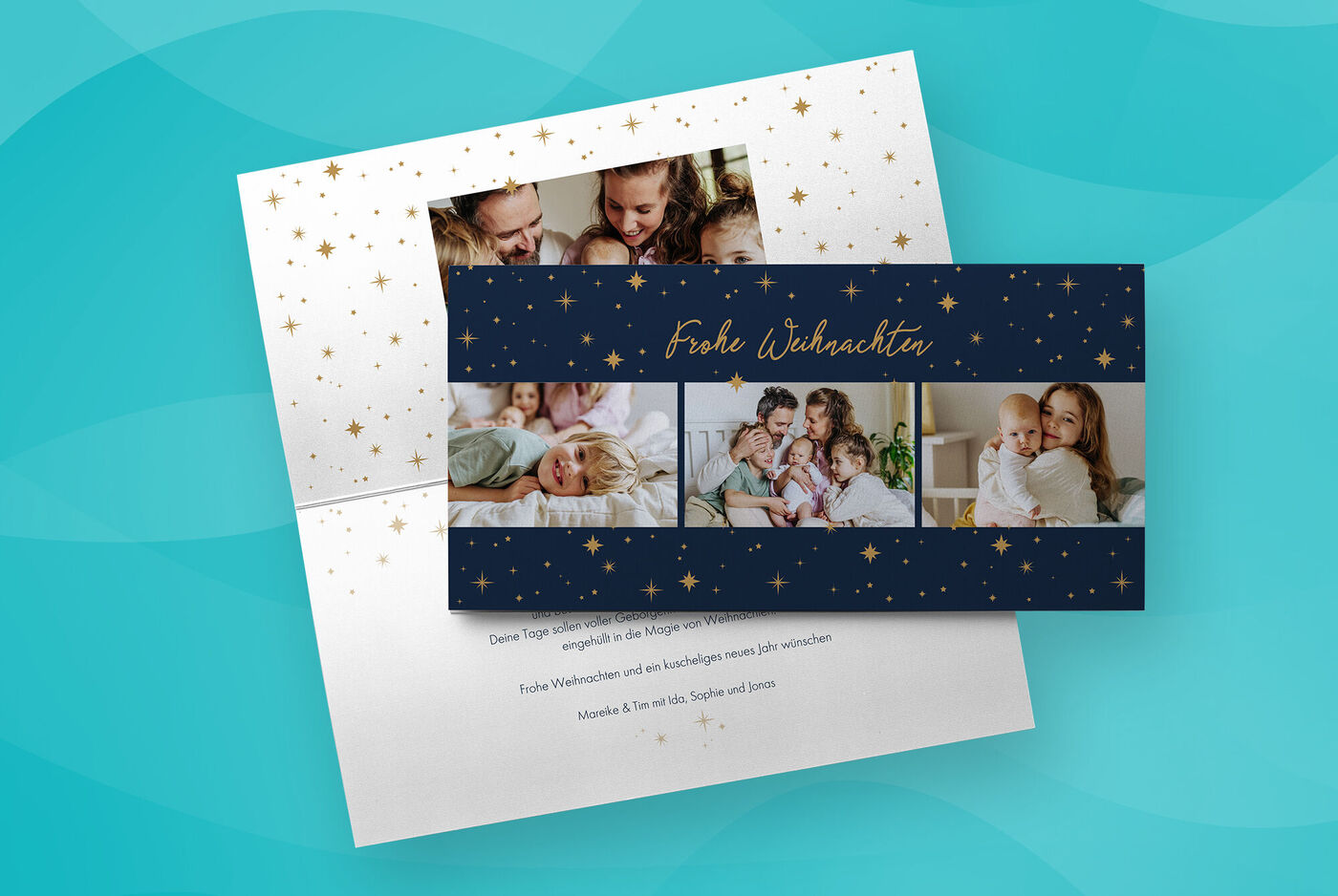 Klappkarte mit langer Falz mit Weihnachtsdesign, Sternenillustrationen und Familienfotos