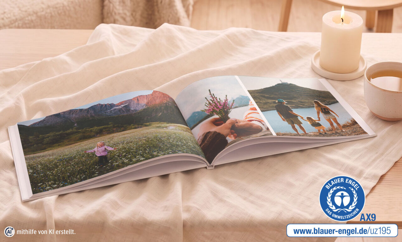 Geöffnetes Fotobuch mit Wanderbildern einer Familie liegt auf einem Tisch. Daneben ist der Blaue Engel abgebildet.