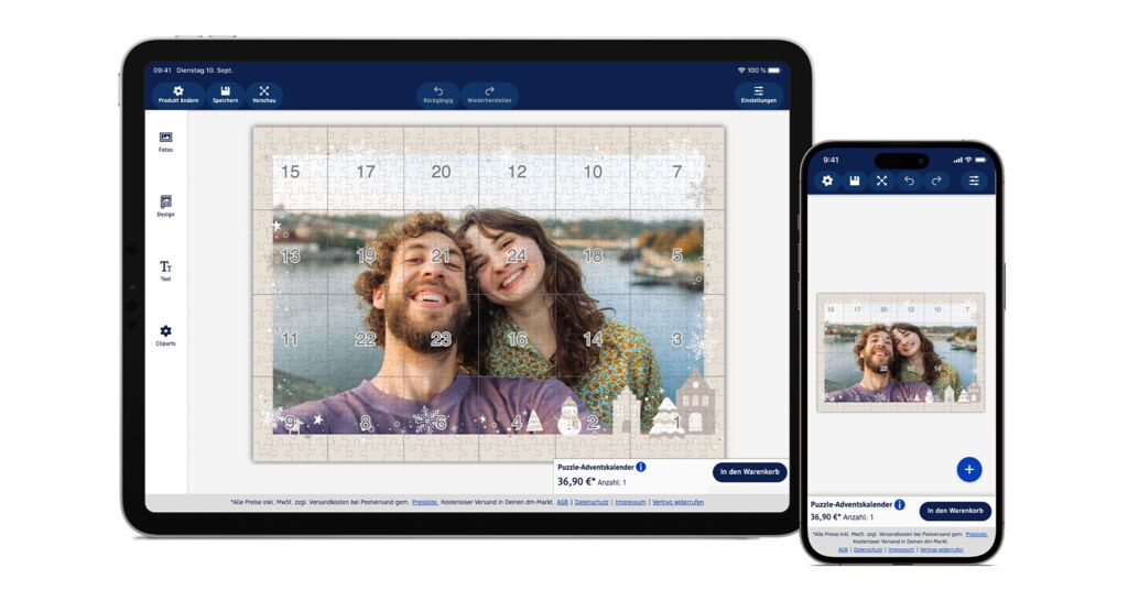 Auf einem Tablet- und einem Handybildschirm ist der Foto-Editor geöffnet, in dem der Puzzle-Adventskalender gestaltet wird