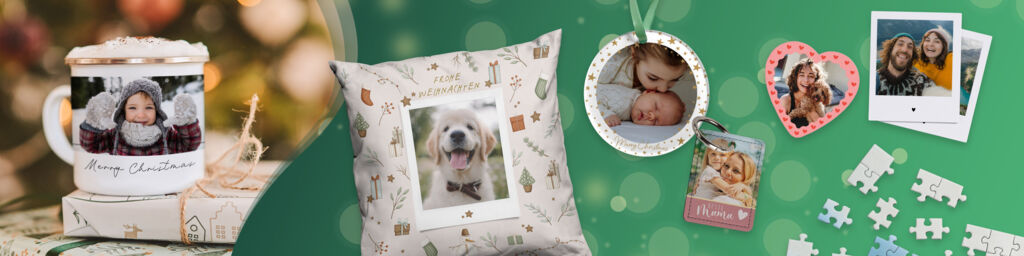 Verschiedene Fotogeschenke mit Weihnachtsdesigns: Eine Tasse, ein Kissen, verschiedene Anhänger und Magnete, Art Prints und ein Puzzle