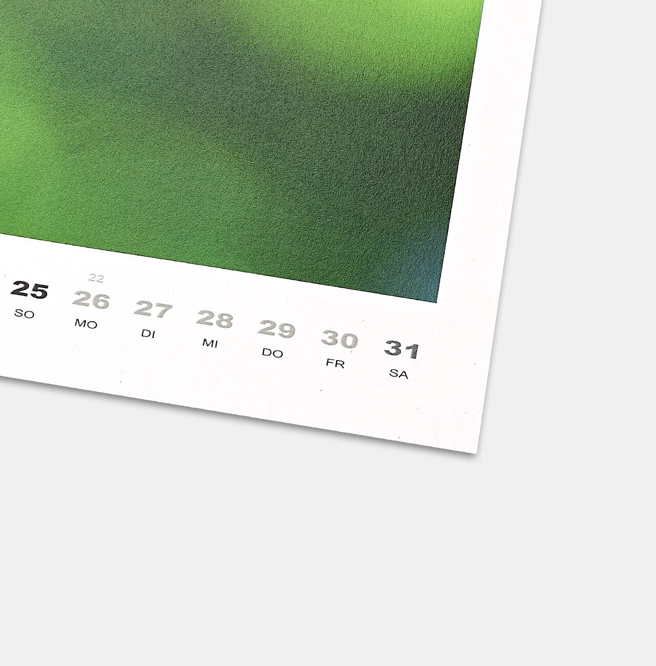 Strukturierter Kalender mit grünem Hintergrund und hervorgehobenen Tagen