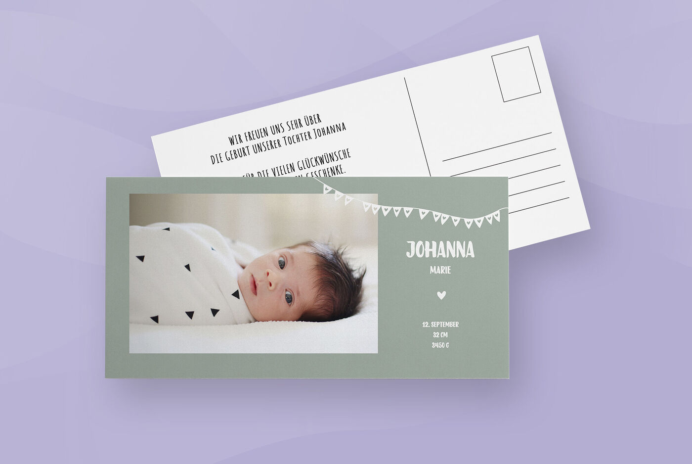 Postkarte im XL Querformat mit Babyfoto, Girlandendesign und Titel "Johanna"