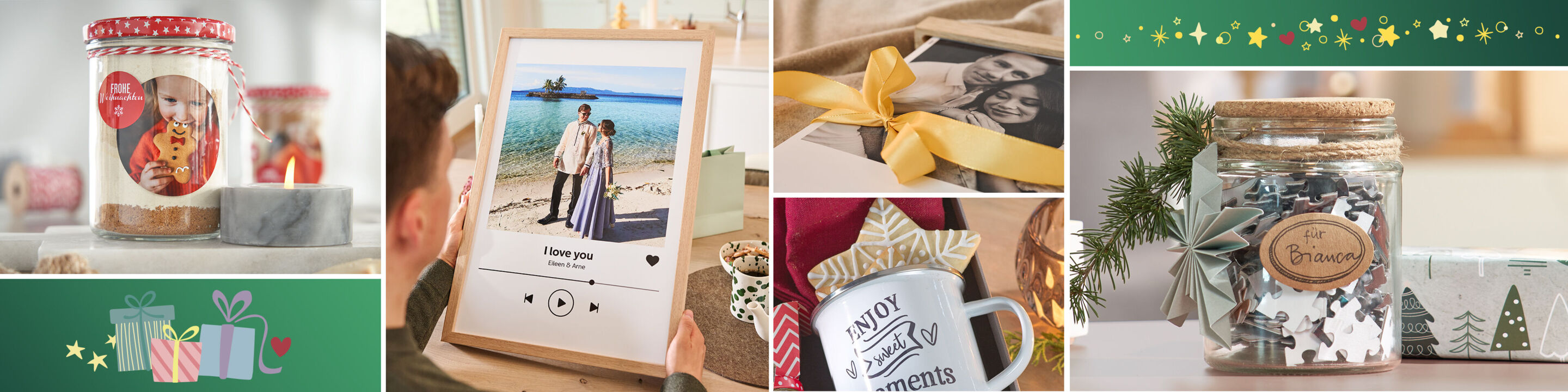 Verschiedene Fotogeschenke zu Weihnachten: Tassen, Kalender, Puzzle, Poster sowie Foto-Aufkleber auf Geschenkverpackungen