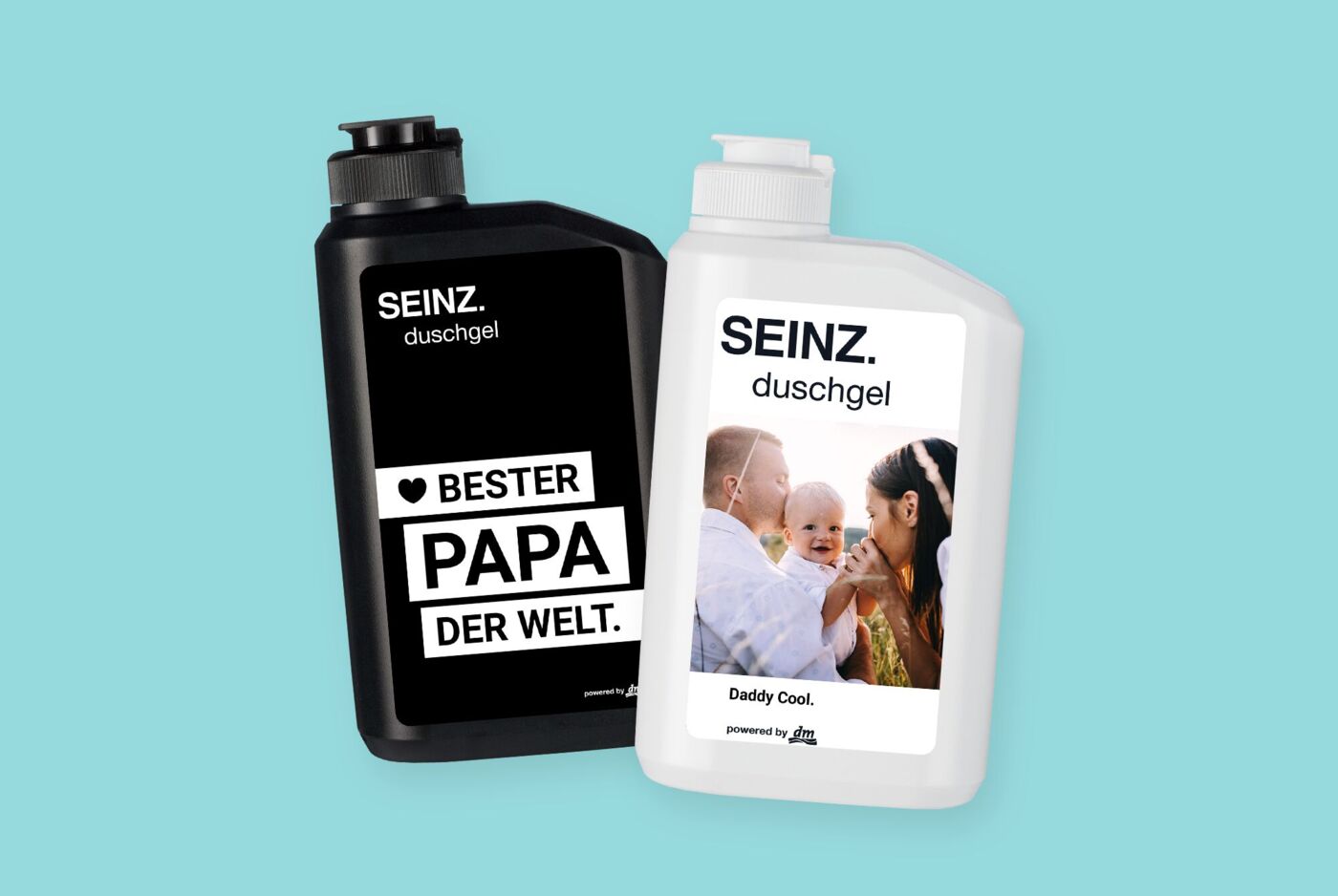 SEINZ Duschgel intense und SEINZ Duschgel fresh mit personalisiertem Etikett.