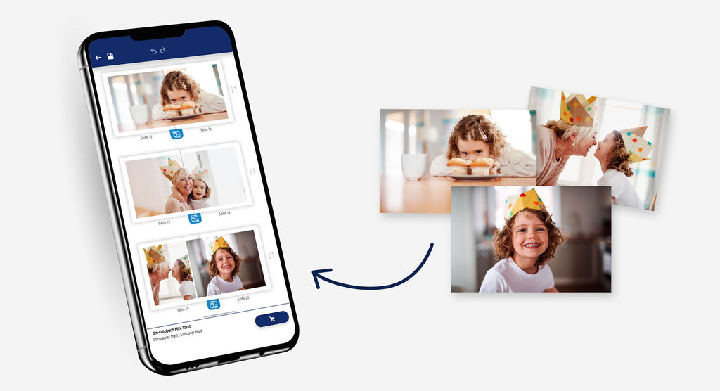 Ein Smartphone zeigt verschiedene Fotos, die kreativ bearbeitet werden können. Das Bild zeigt den Prozess der Bildauswahl und -gestaltung.