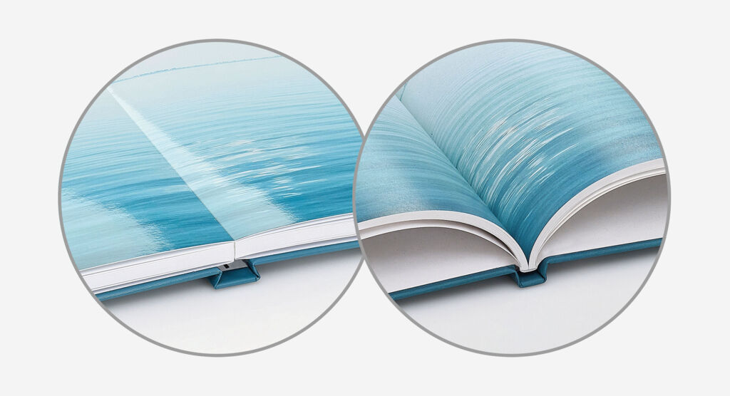 Detailansicht der Innenseiten: Fotopapier Glanz und Digitaldruck Recyclingpapier.