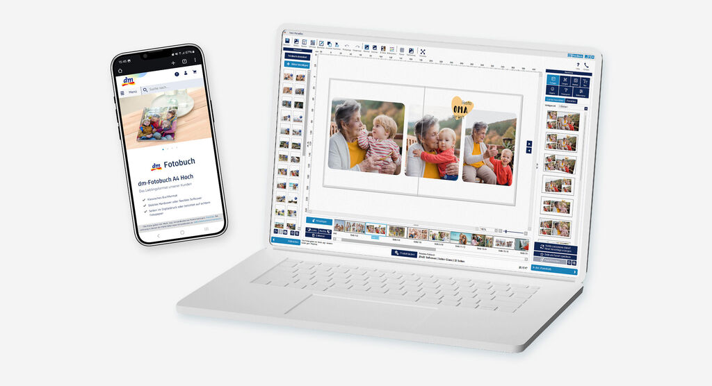 Smartphone ist neben einem Laptop abgebildet. Es ist ein Fotobuch-Editor geöffnet mit Bilder von einer Oma mit ihren Enkeln.