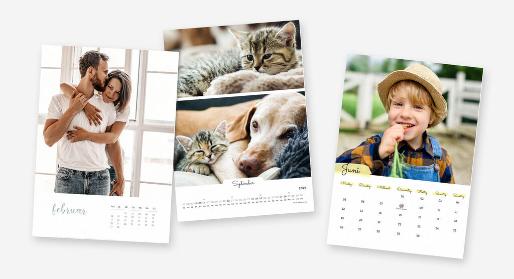 Drei Kalenderblätter mit unterschiedlichen Motiven: ein glückliches Paar, schlafende Katzen und ein Hund mit Welpen, sowie ein Kind in einem