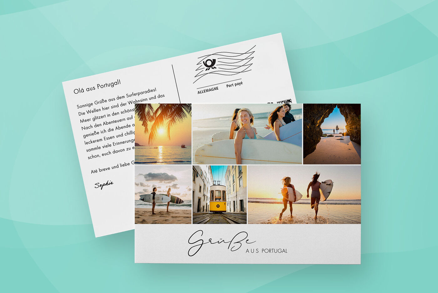 Postkarte mit Urlaubsfotos und Titel "Gruß aus Portugal"