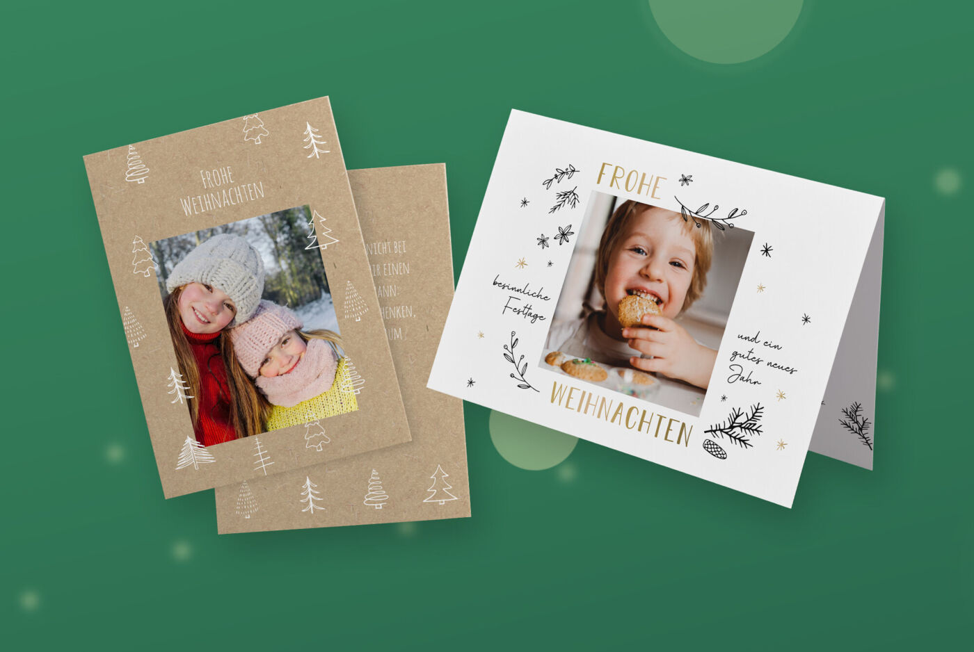 Grußkarten mit Kinderfotos und verschiedenen Weihnachtsdesigns