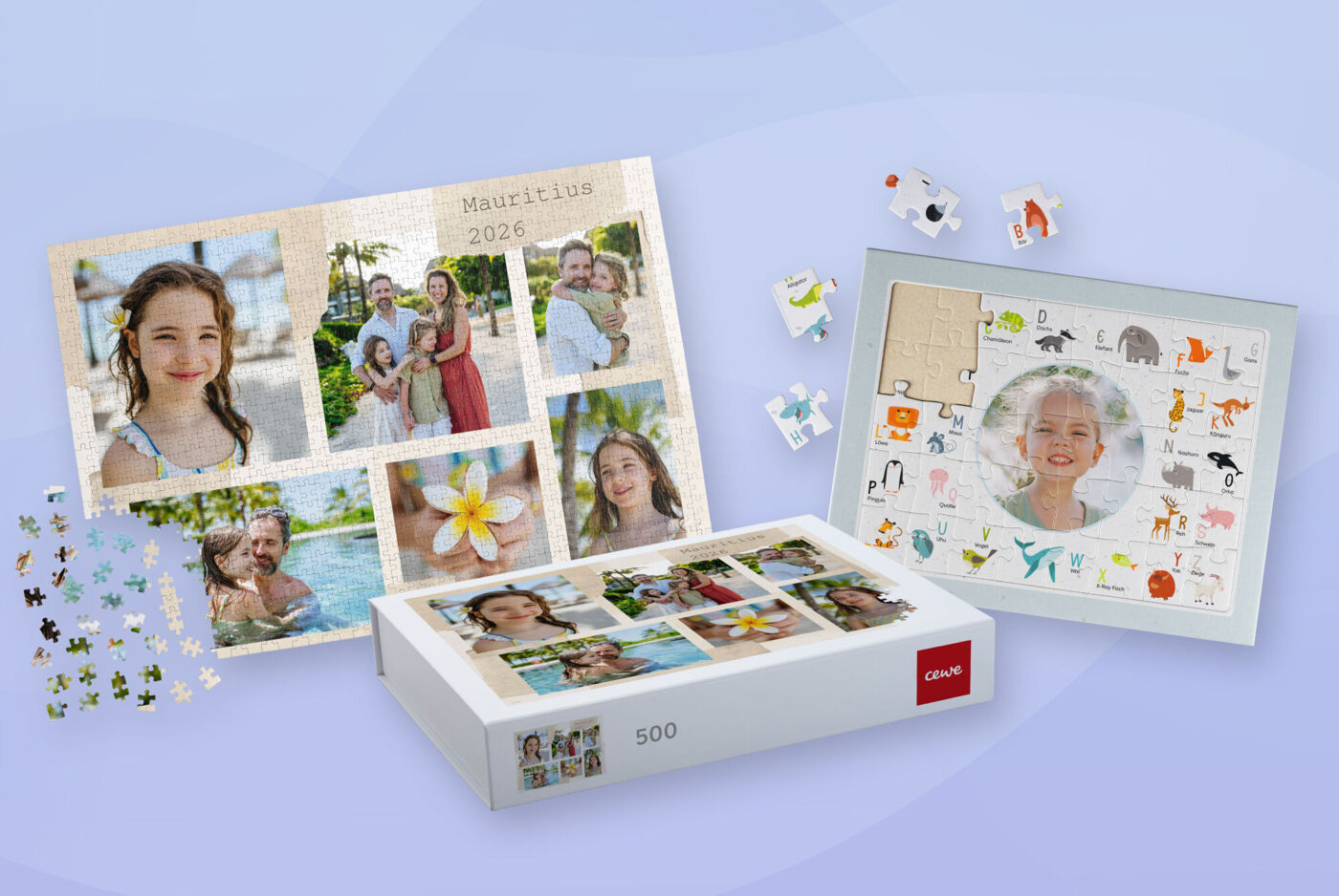Puzzle in verschiedenen Größen und Designs, die mit Kinderfotos und Sprüchen bedruckt sind