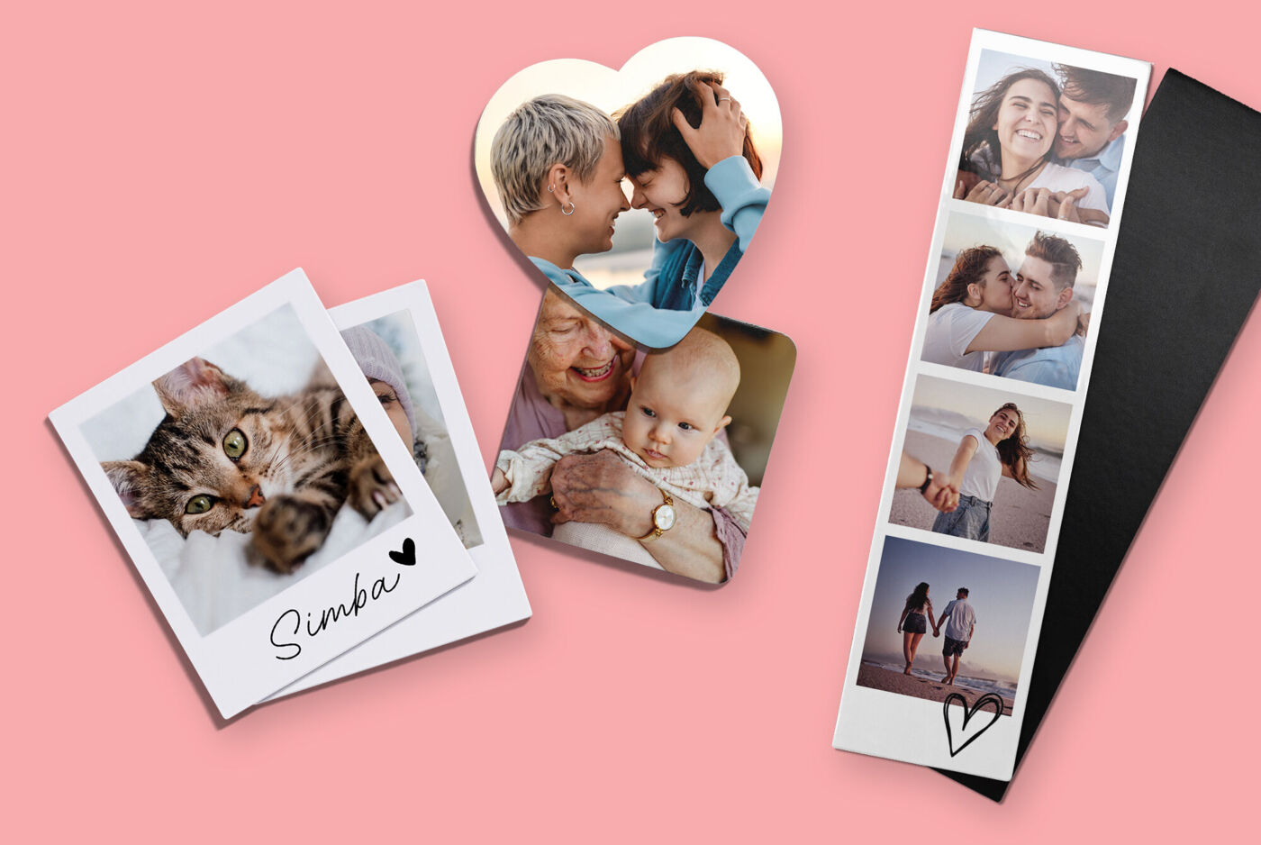 Fotomagnete in verschiedenen Formaten: in Herz- und Quadratform, als Polaroid und als Fotostreifen