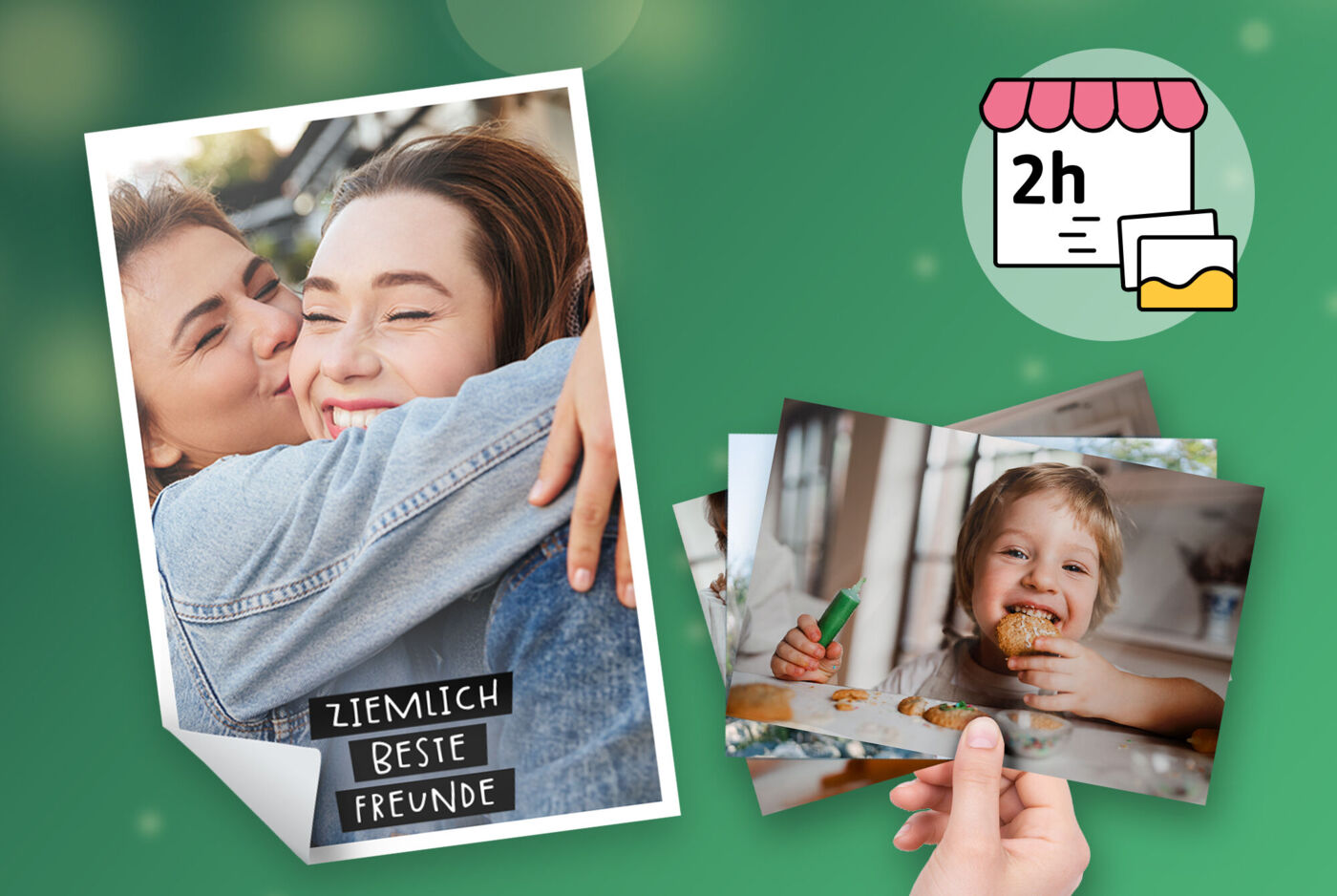 Fotos als Abzüge und Poster, darüber ein Hinweis zur Express-Abholung in zwei Stunden im dm Markt