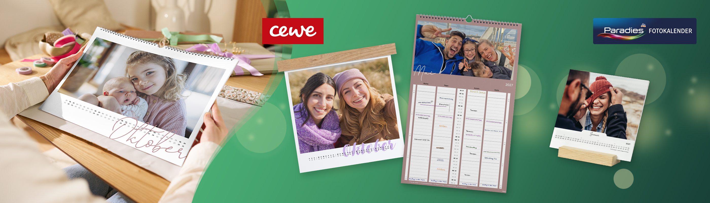 Wand- und Tischkalender in verschiedenen Formaten und Designs mit eigenen Fotos von CEWE und dm