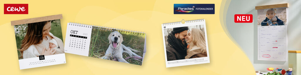Personalisierte Fotokalender mit Familien-, Tier- und Paarfotos, darunter Wand-, Tisch- und Terminkalender.