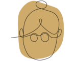 Ein minimalistisches Porträt einer älteren Frau mit Brille und einem Haarknoten in einem runden, goldenen Hintergrund.