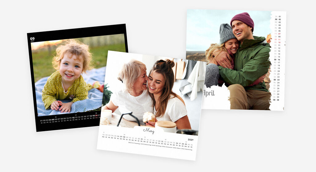 Drei liebevoll gestaltete Kalenderblätter, die besondere Momente zeigen