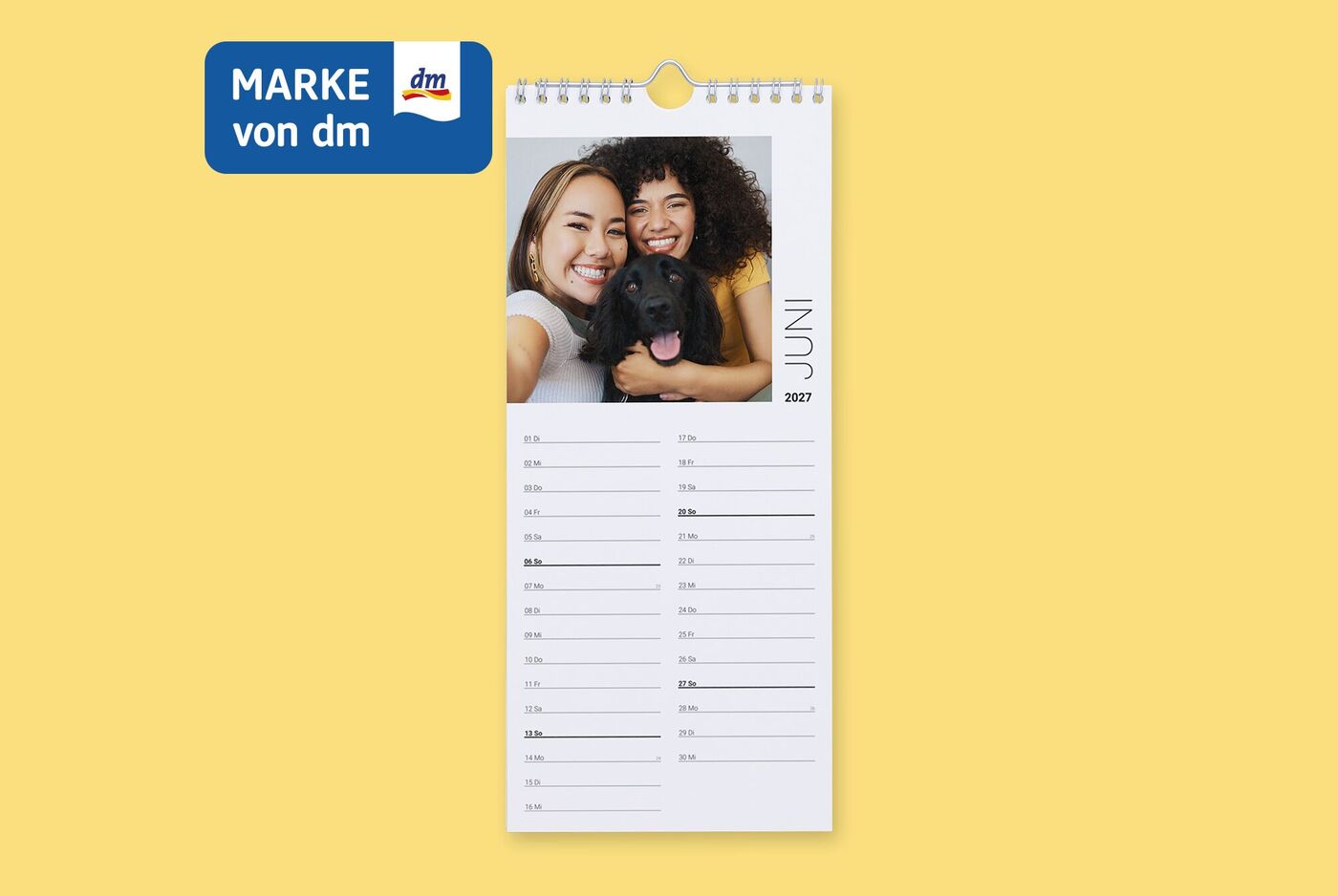 Küchenkalender mit 2-spaltigem Linienkalendarium und quadratischer Bildbox mit Bild von zwei Frauen mit Hund.