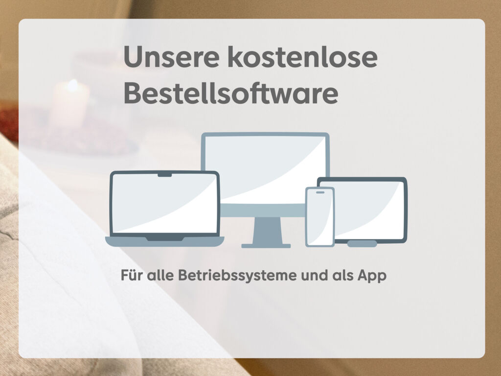 Ein Laptop, Desktop PC, Smartphone und ein Tablet stehen nebeneinander, darüber die Überschrift: Unsere kostenlose Bestellsoftware