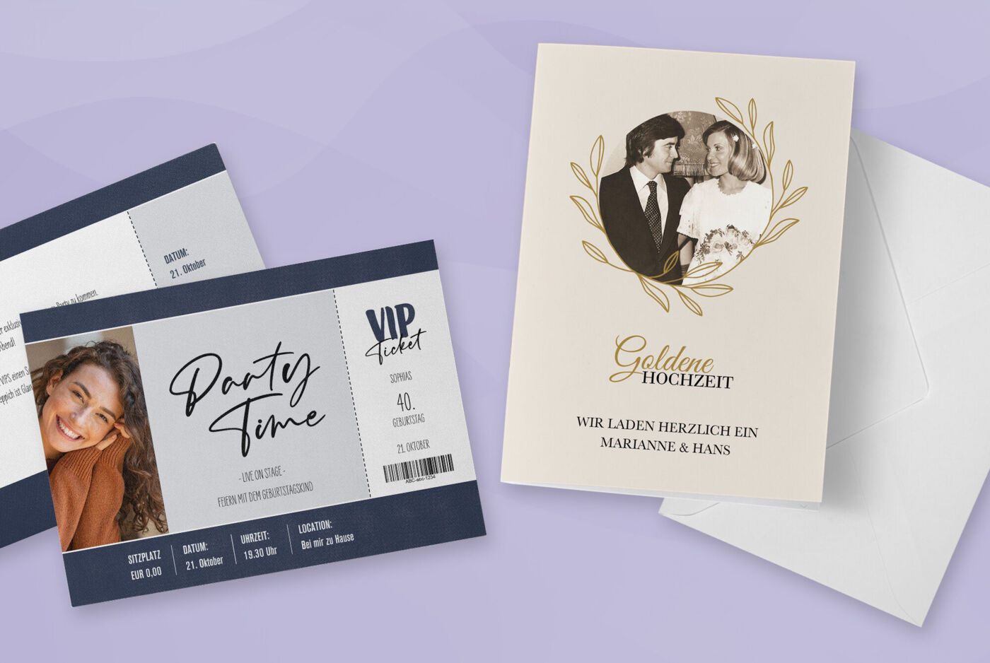 Einladungskarten zum Geburtstag und zu einer Hochzeit in verschiedenen Designs und Umschlägen