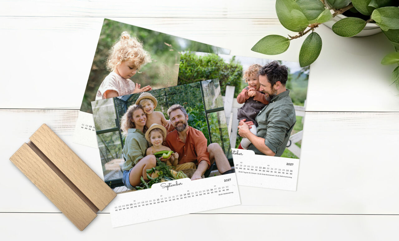 Drei wunderschöne Fotos, die Glücksmomente mit Familie und Freunden zeigen. Ein Kalender mit persönlichen Erinnerungen.