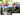 Collage von Familien-Fotoshootings im Freien mit Bildern von einem Kind auf einer Luftmatratze im Wasser, Geschwistern vor einem Gartenzaun und einem Kind auf den Schultern seines Vaters, das staunend auf Seifenblasen zeigt.