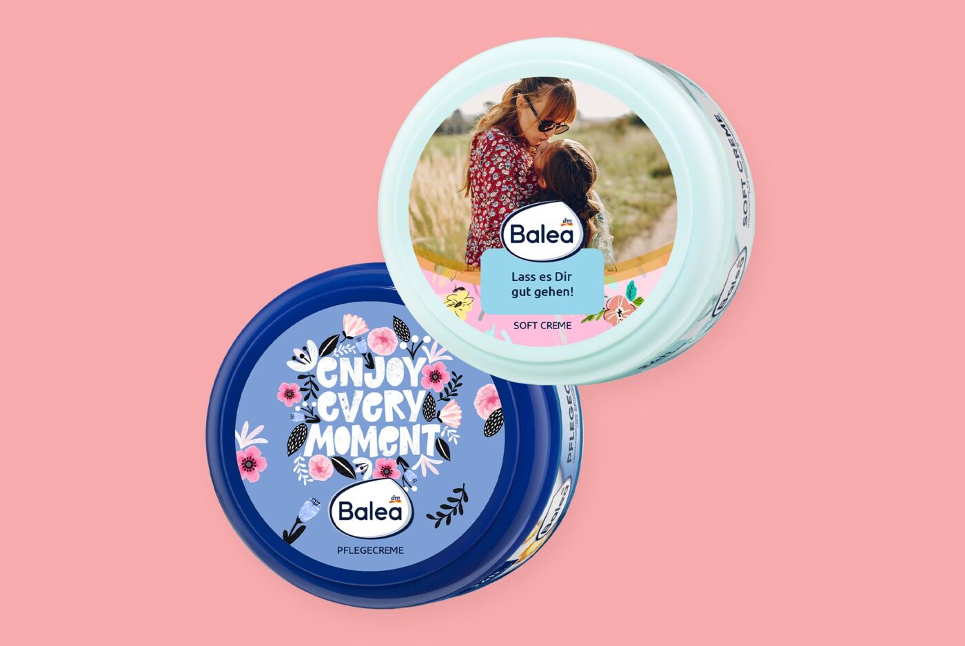 Balea Pflegecreme und Balea Softcreme mit personalisiertem Etikett.