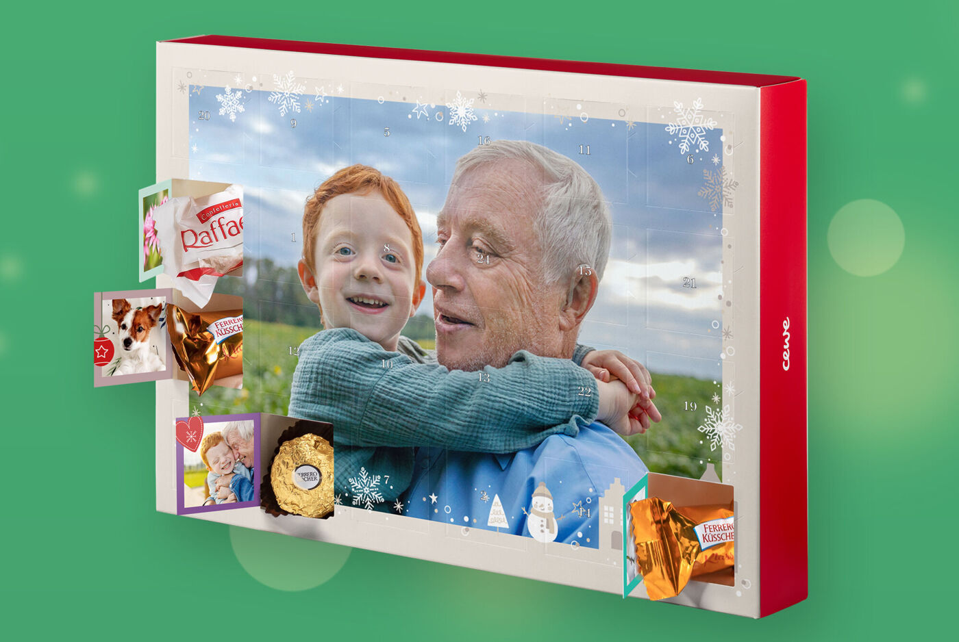 Adventkalender mit Bild von Kind und älterer Person, mehrere geöffnete Türchen zeigen Ferrero Pralinen